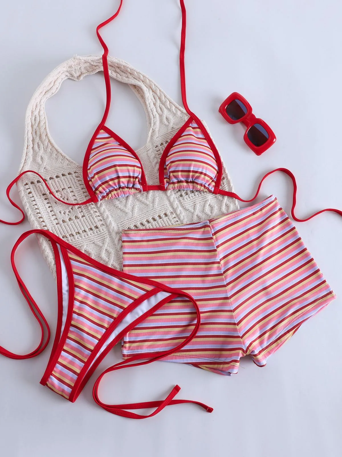 Red 1940s Striped Halter Ribbed Triangle Bikini Set sold by Retro Stage product image thumbnail 4