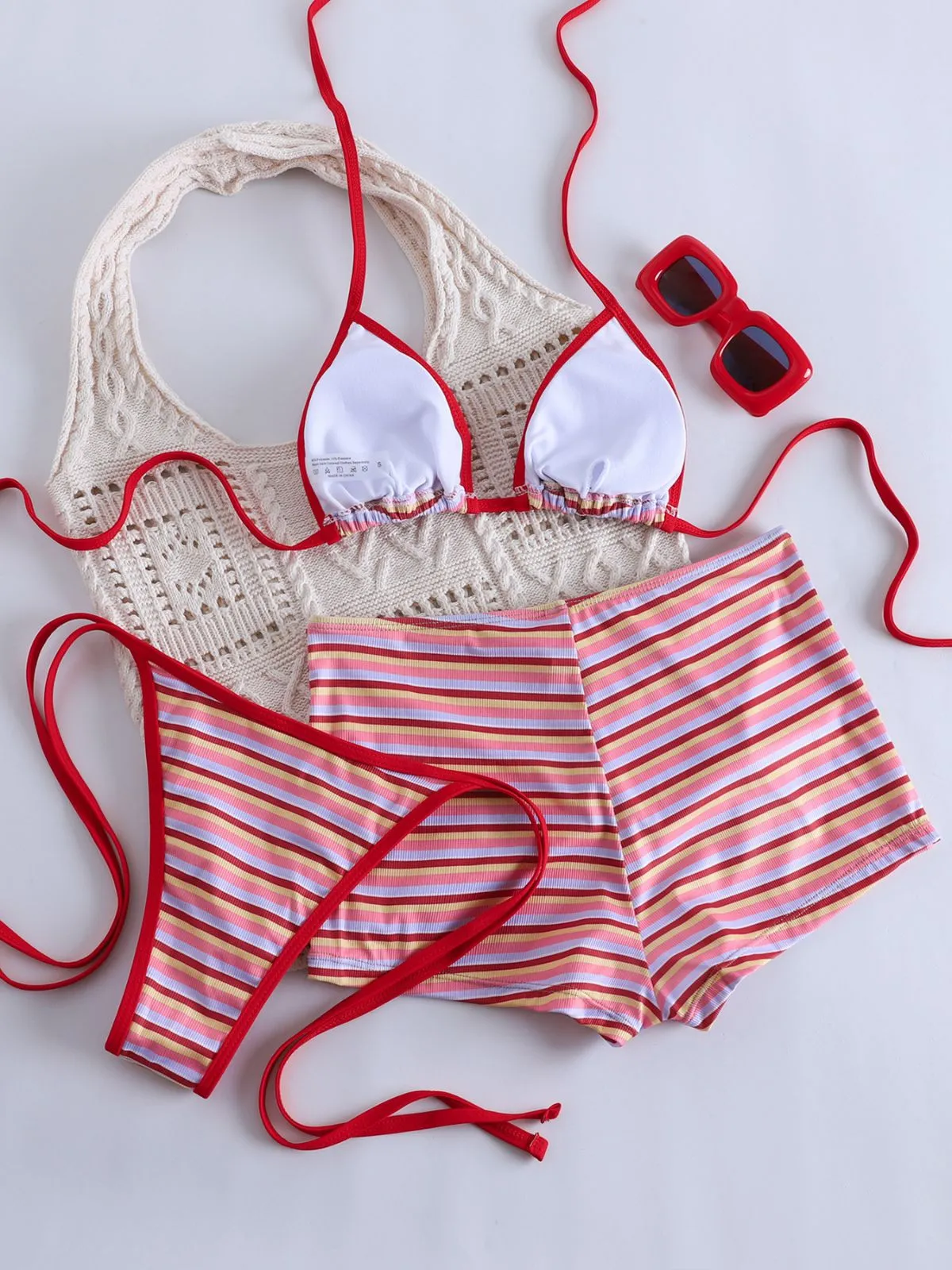Red 1940s Striped Halter Ribbed Triangle Bikini Set sold by Retro Stage product image thumbnail 5
