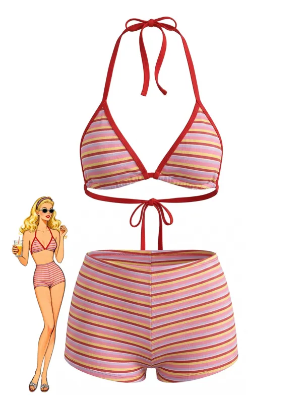 Red 1940s Striped Halter Ribbed Triangle Bikini Set made by Retro Stage