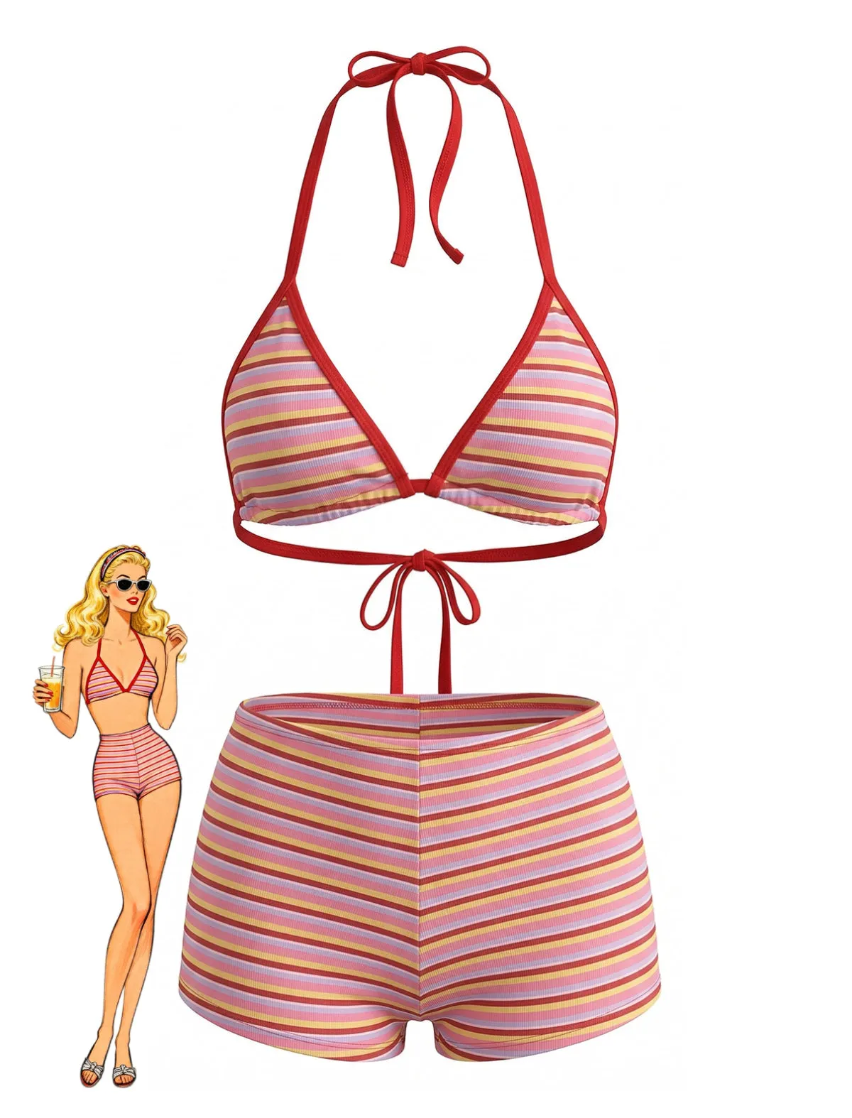 Red 1940s Striped Halter Ribbed Triangle Bikini Set sold by Retro Stage