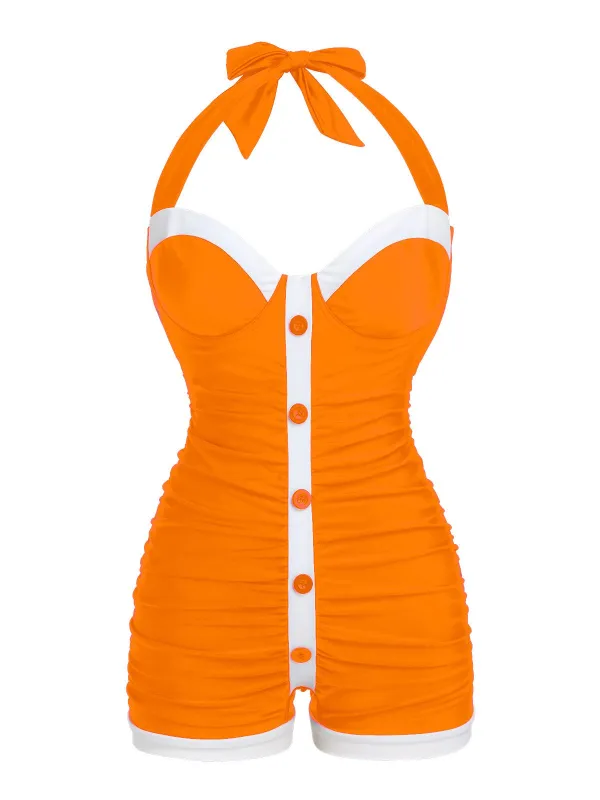 [Pre-Sale] Orange 1950s Pleated Halter Swimsuit made by Retro Stage