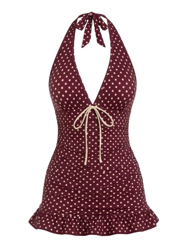 [Pre-Sale] Wine Red 1940s Bow Polka Dot Halter Ruched Swimdress made by Retro Stage