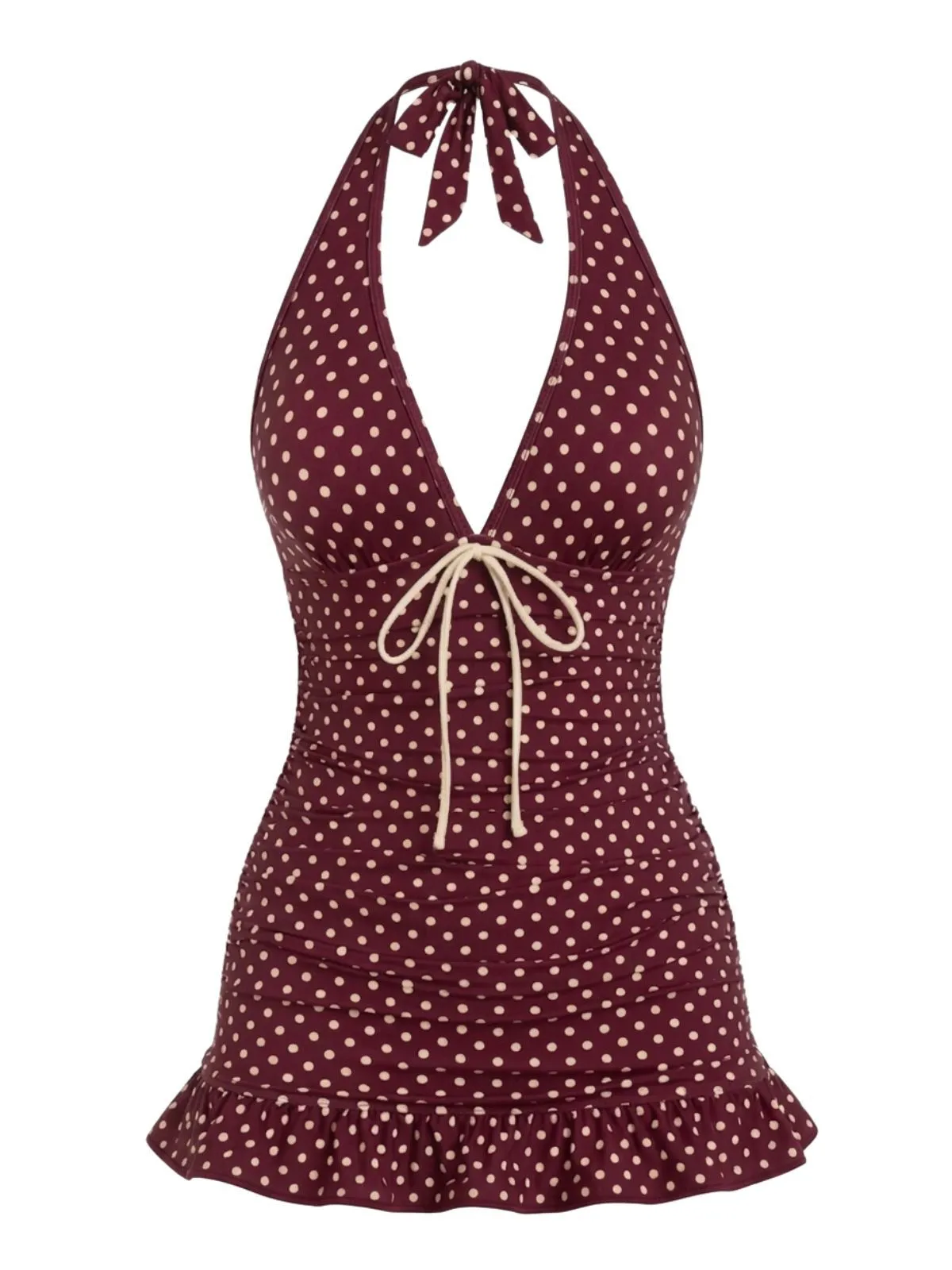 Wine Red 1940s Bow Polka Dot Halter Ruched Swimdress sold by Retro Stage