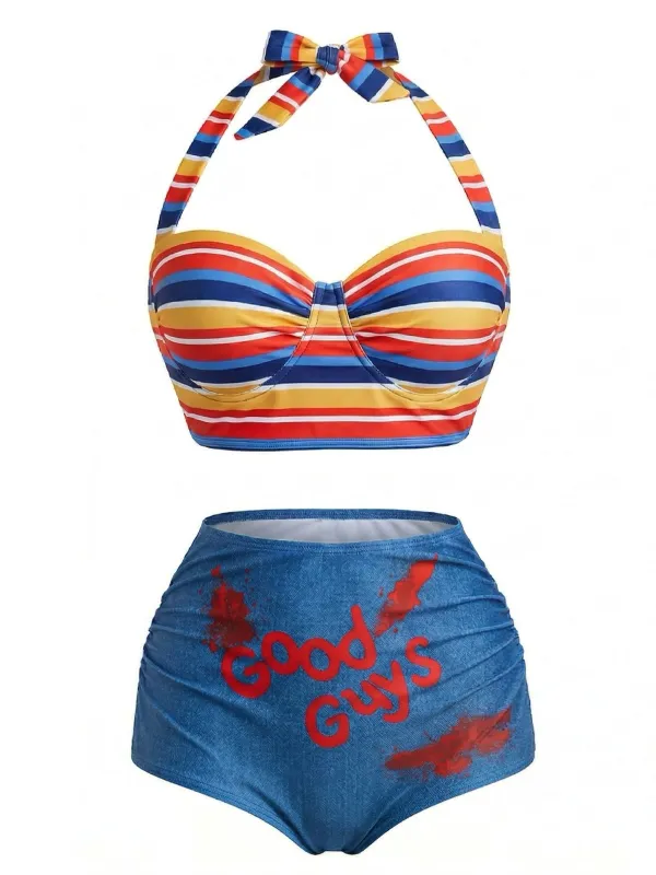 [Pre-Sale] Blue 1950s Rainbow Stripe Lace-Up Halter Swimsuit made by Retro Stage