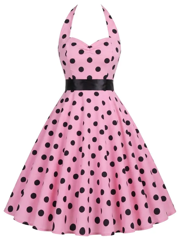 Pink 1950s Halter Contrast Polka Dots Belted Dress made by Retro Stage