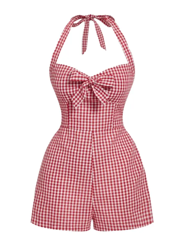 [Pre-Sale] Red 1950s Halter Gingham Plaids Bow Romper made by Retro Stage