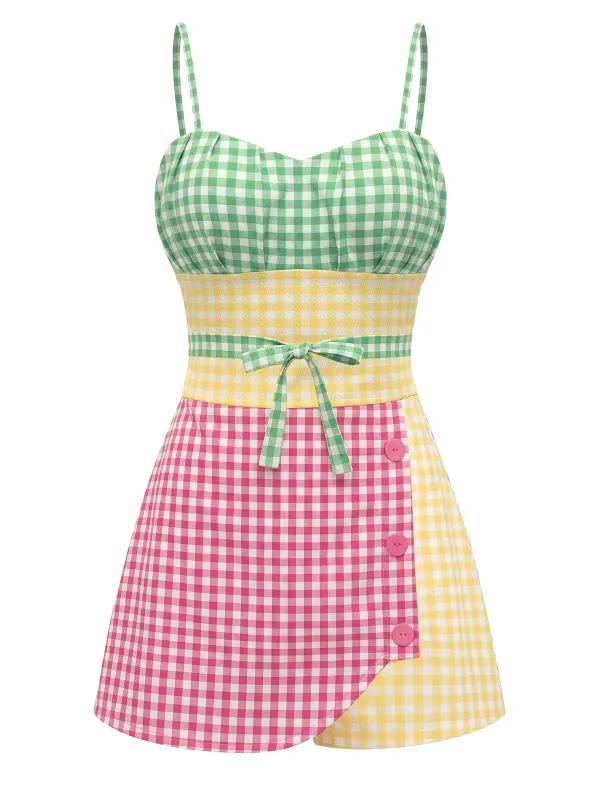 [Pre-Sale] Multicolor 1950s Cotton Gingham Spaghetti Strap Romper made by Retro Stage