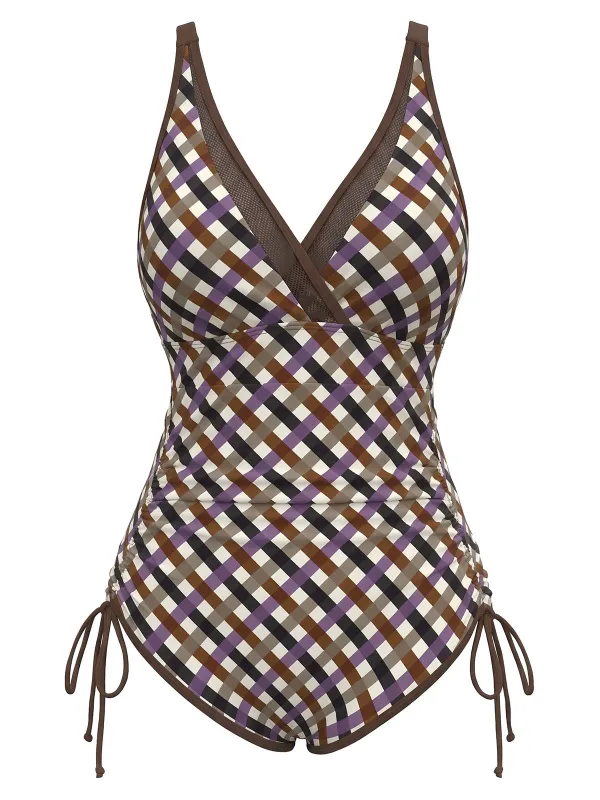 [Pre-Sale] [Plus Size] 1930s Check Side Ties One-Piece Swimsuit made by Retro Stage