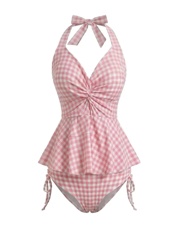 Pink 1950s Gingham Halter Ruffled Tankini Set made by Retro Stage