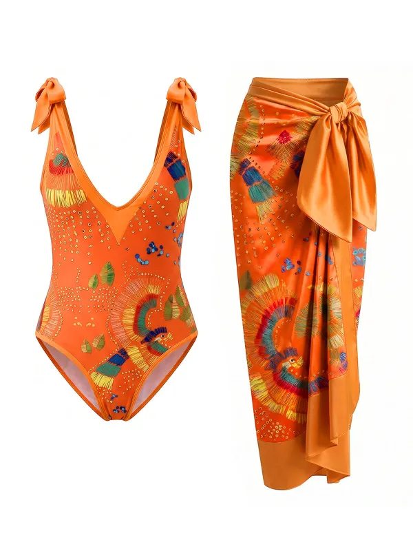 [Pre-Sale] Orange 1950s Tribal Print Halter One-Piece Swimsuit & Cover-Up made by Retro Stage
