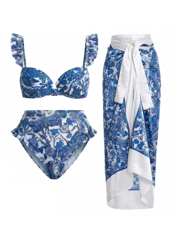 [Pre-Sale] 2PCS Dark Blue 1960s Dragonfly Print Bikini Set & Cover-Up made by Retro Stage