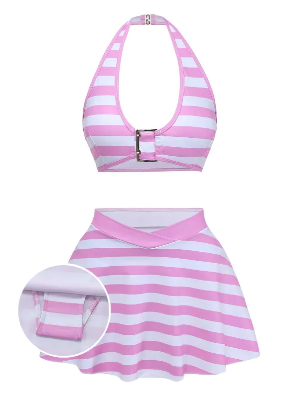 [Pre-Sale] Pale Pink 1950s Striped Halter Ruffle Bikini Set made by Retro Stage