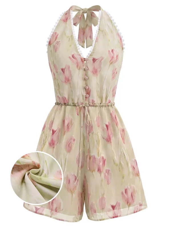 [Pre-Sale] Pink 1940s Tulip-Beaded Drawstring Romper made by Retro Stage