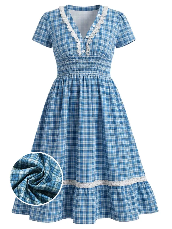 [Pre-Sale] [Plus Size] Blue 1940s Checked Lace Trim Button V-Neck Dress made by Retro Stage