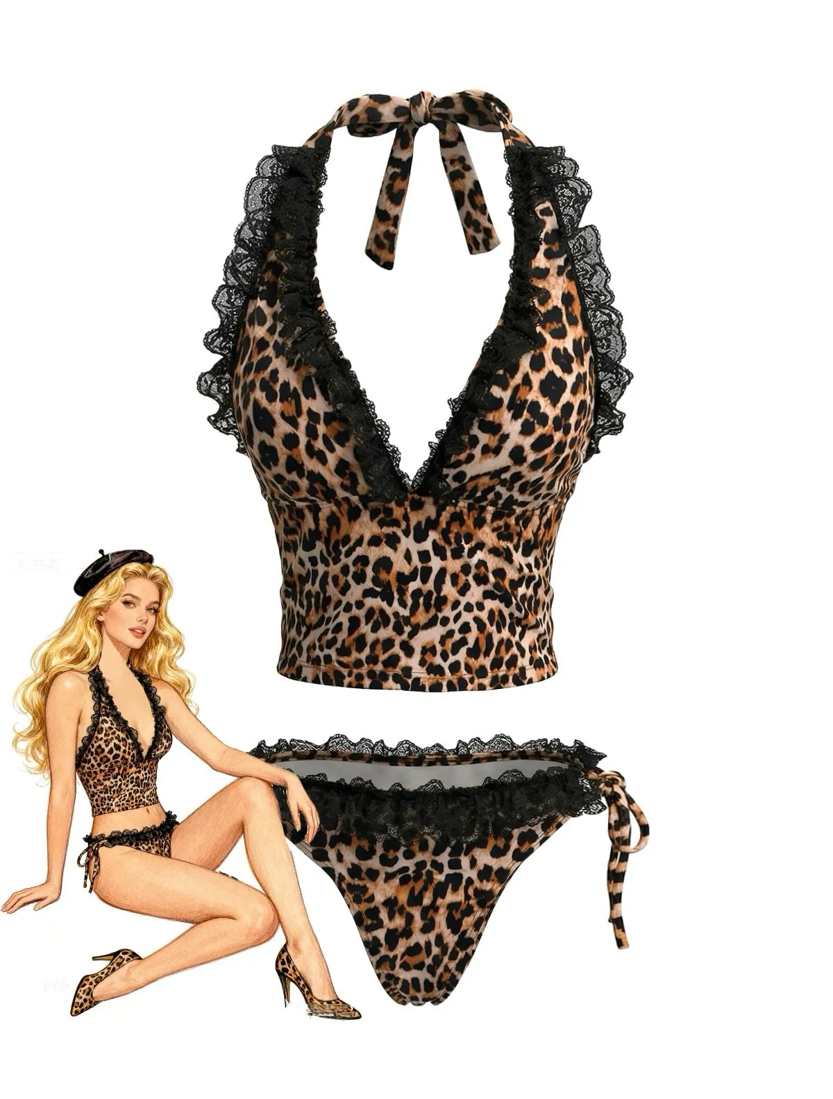 Brown 1980s Leopard Print Lace Trim Halter Tie Bikini Set sold by Retro Stage