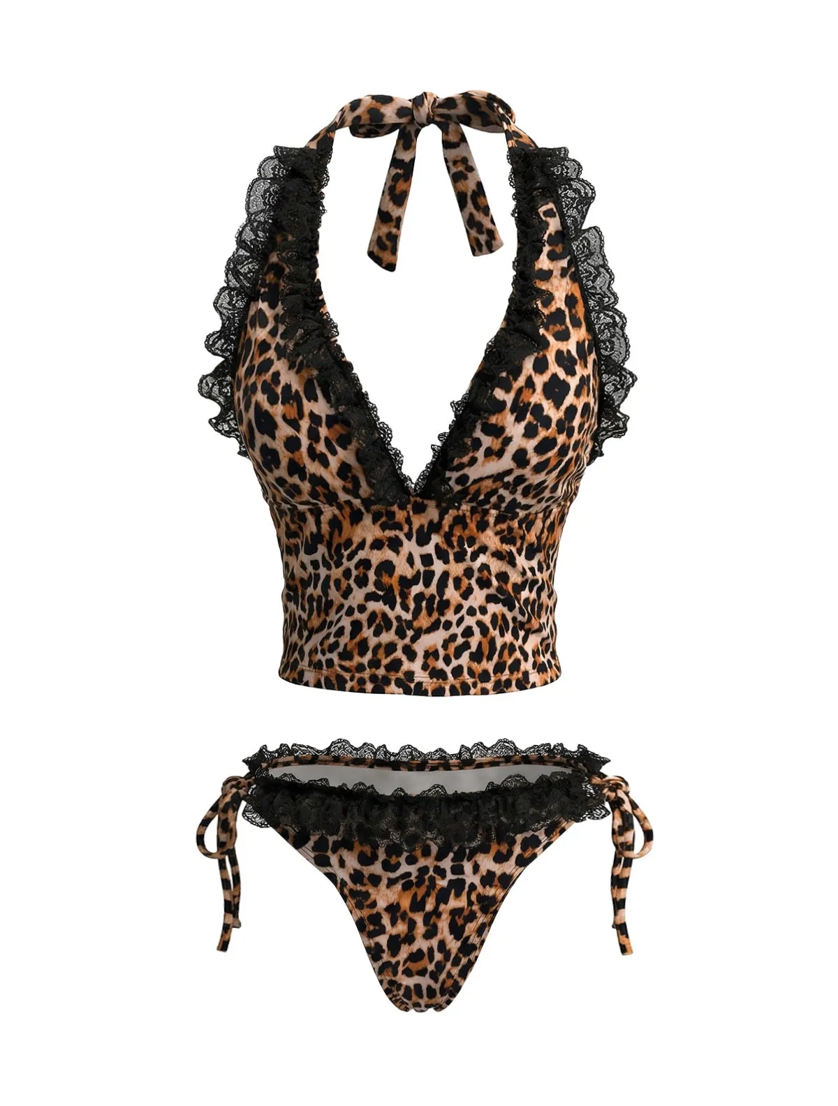 Brown 1980s Leopard Print Lace Trim Halter Tie Bikini Set sold by Retro Stage product image thumbnail 2