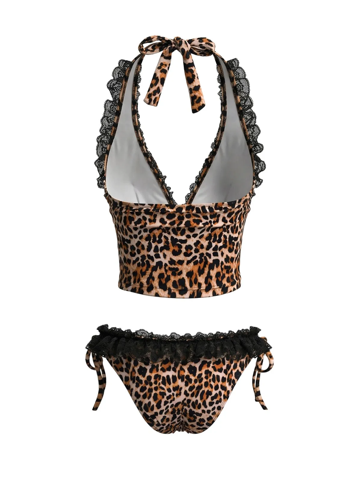 Brown 1980s Leopard Print Lace Trim Halter Tie Bikini Set sold by Retro Stage product image thumbnail 3