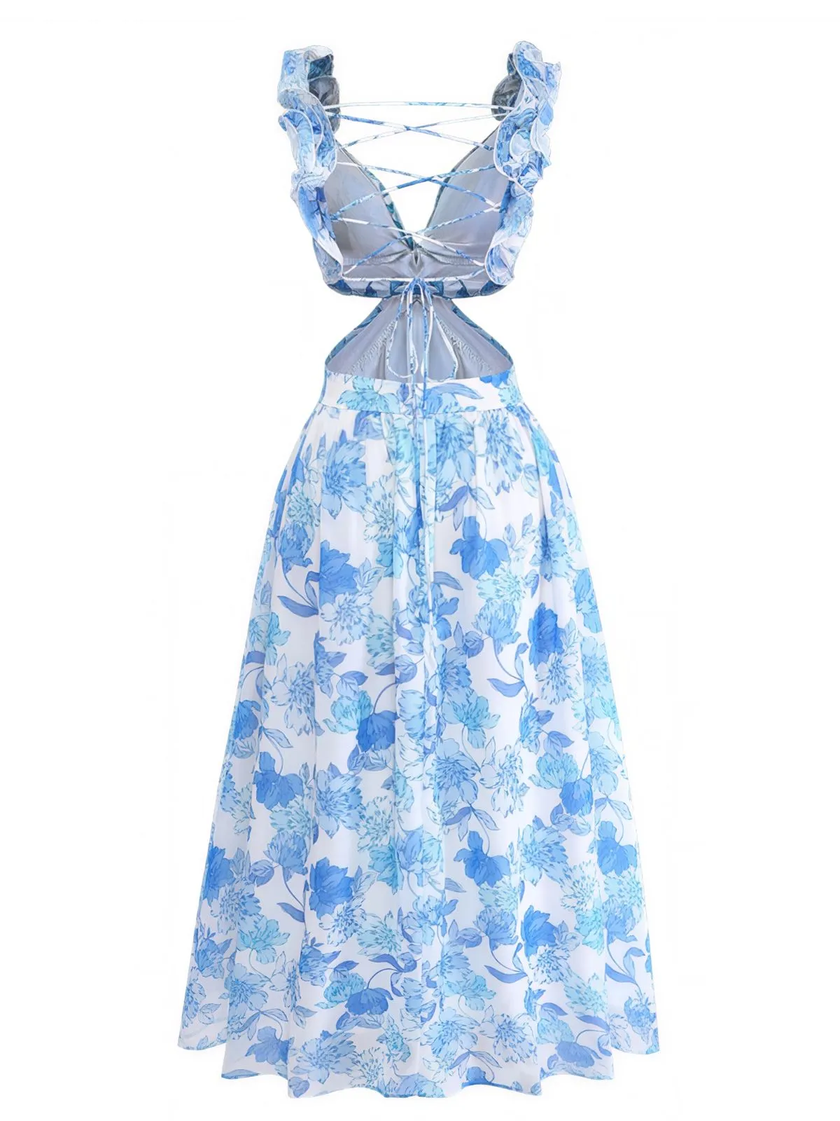 Blue 1950s Floral Print Ruffle Straps Cutout Maxi Dress sold by Retro Stage product image thumbnail 3