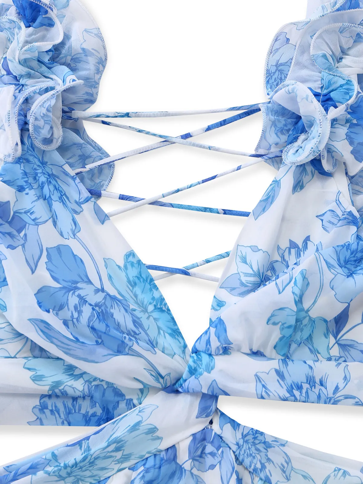 Blue 1950s Floral Print Ruffle Straps Cutout Maxi Dress sold by Retro Stage product image thumbnail 5