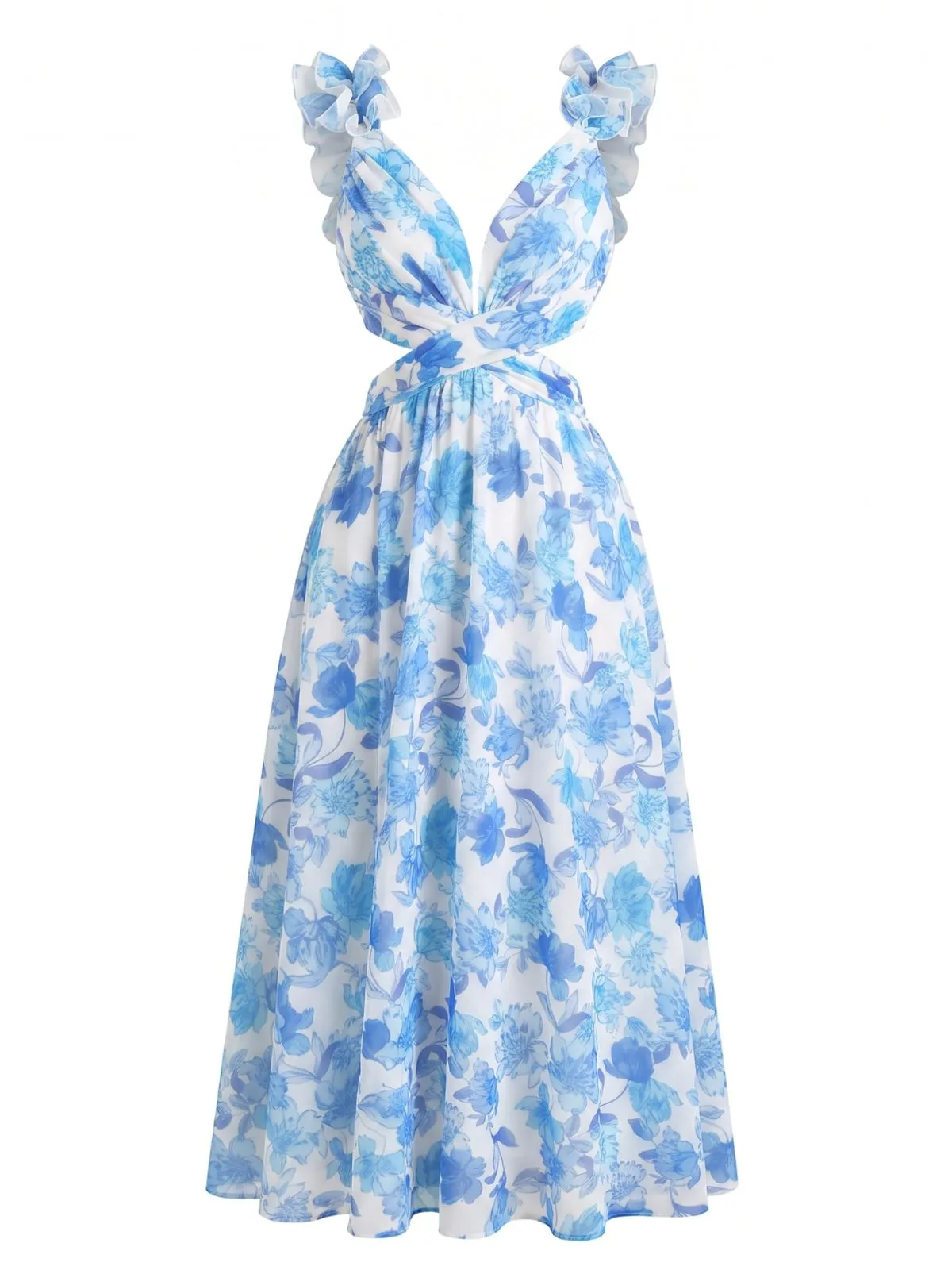 Blue 1950s Floral Print Ruffle Straps Cutout Maxi Dress sold by Retro Stage product image thumbnail 2