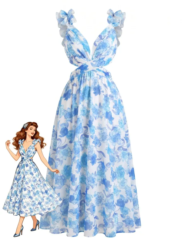 Blue 1950s Floral Print Ruffle Straps Cutout Maxi Dress made by Retro Stage