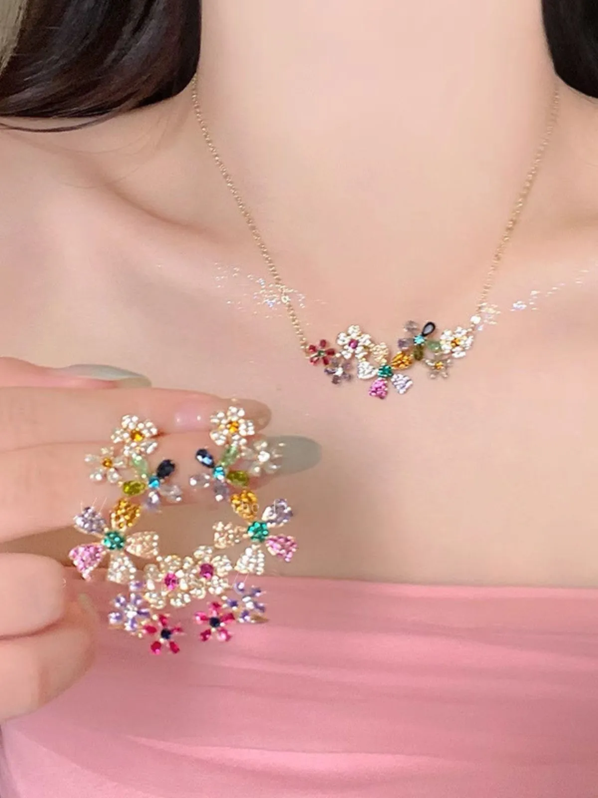 Gold Multicolor Floral Charm Necklace sold by Retro Stage product image thumbnail 2