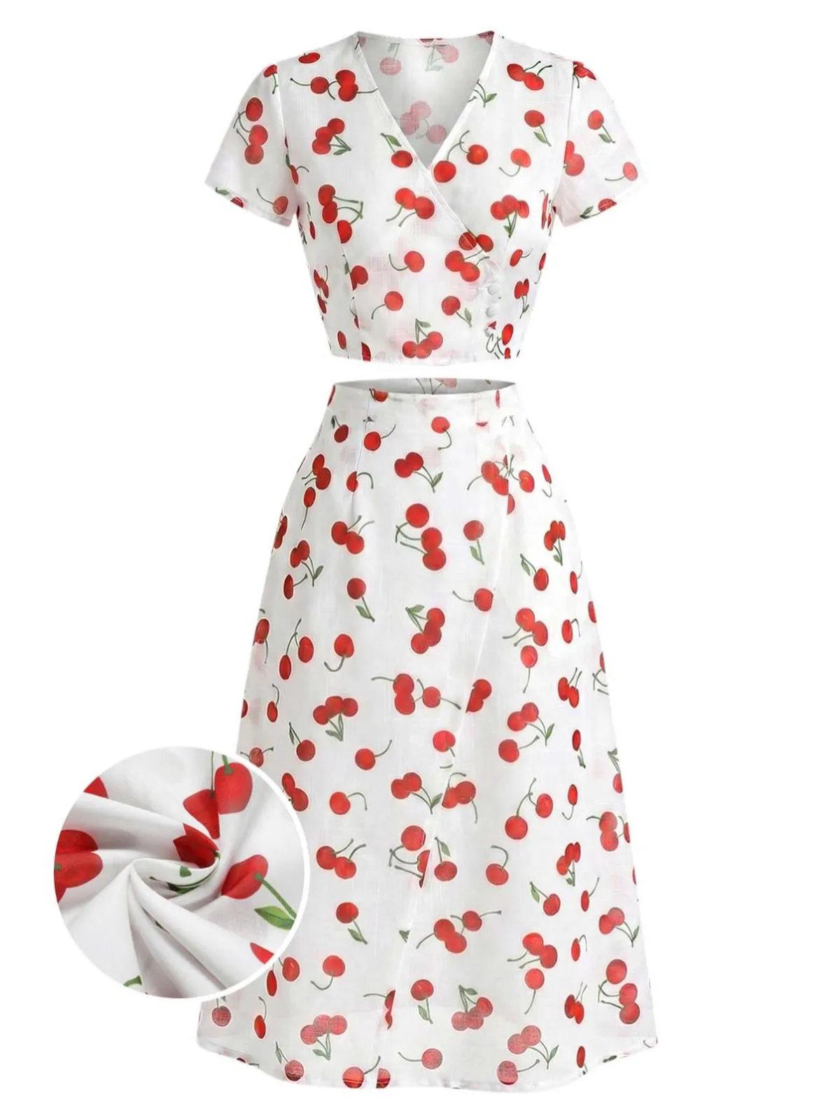 2PCS Red 1960s Cherry V-Neck Crop Top & Skirt sold by Retro Stage product image thumbnail 2