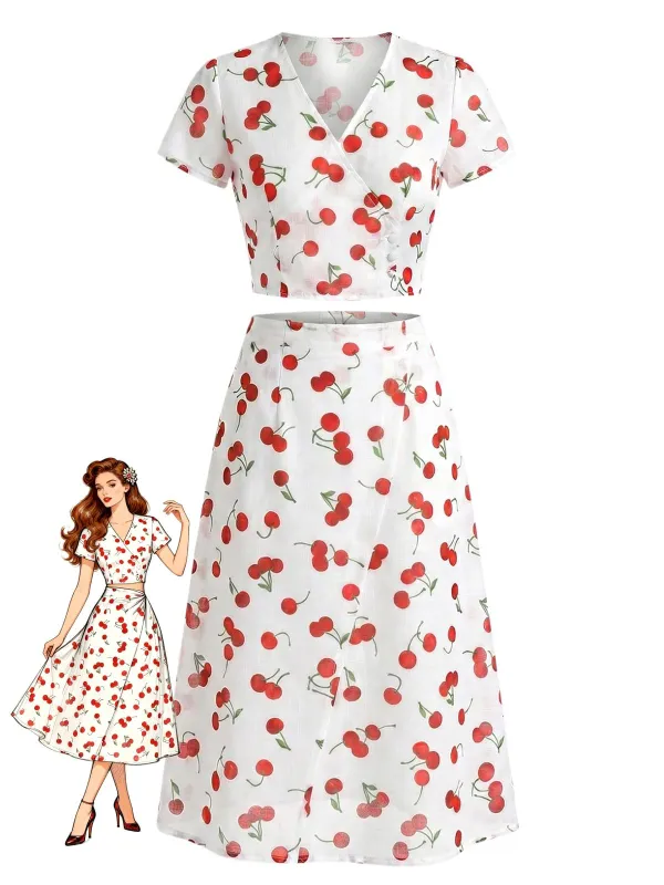 2PCS Red 1960s Cherry V-Neck Crop Top & Skirt made by Retro Stage