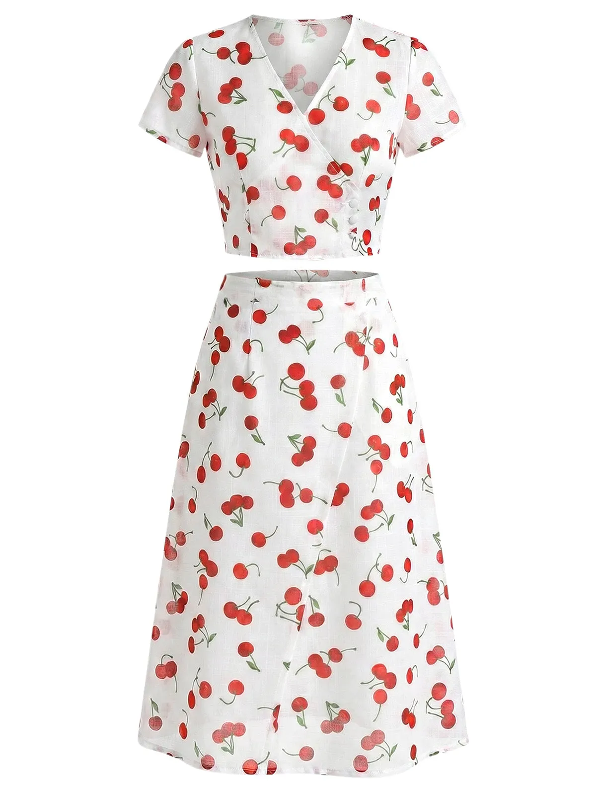 2PCS Red 1960s Cherry V-Neck Crop Top & Skirt sold by Retro Stage product image thumbnail 3