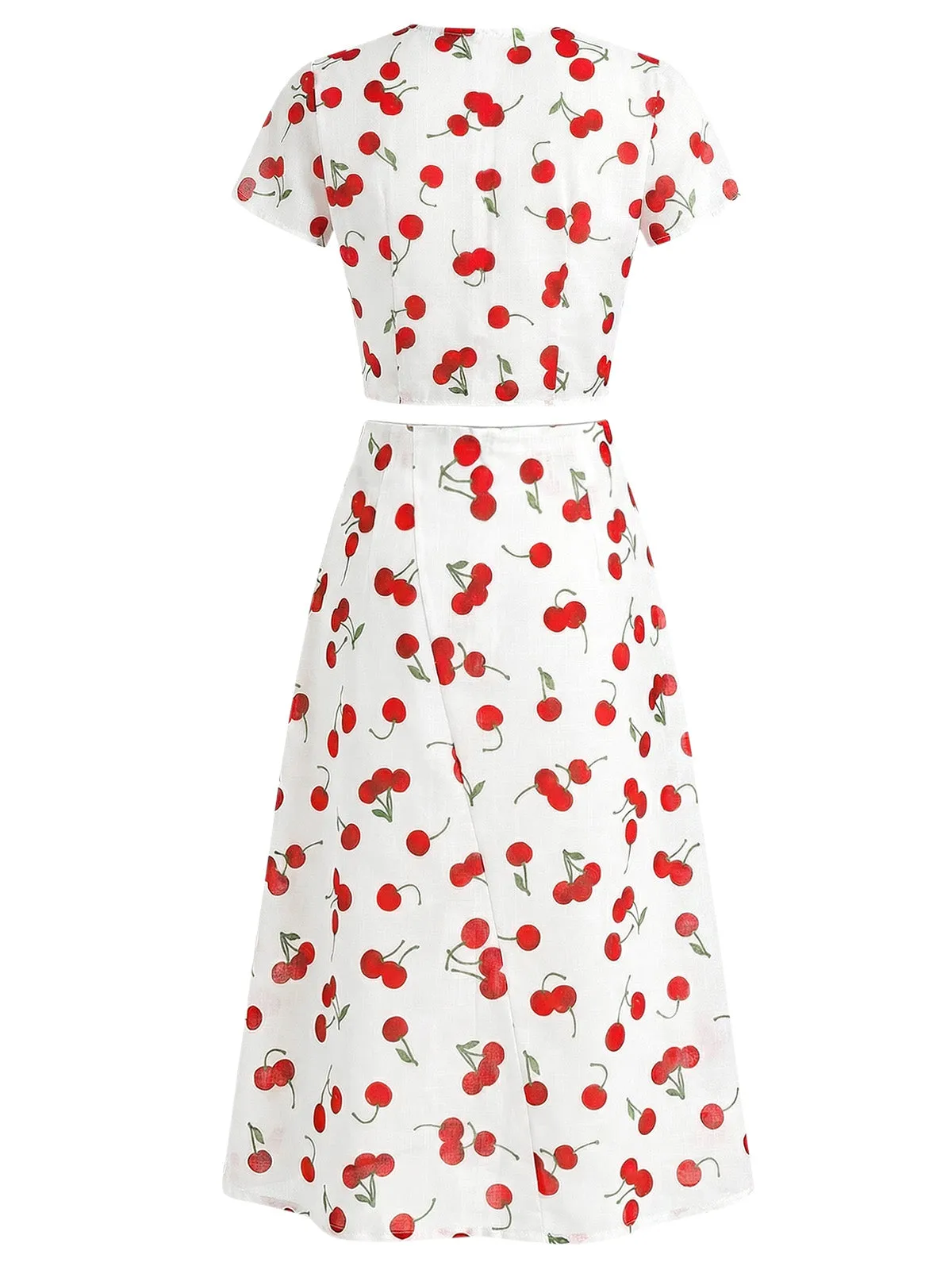 2PCS Red 1960s Cherry V-Neck Crop Top & Skirt sold by Retro Stage product image thumbnail 4