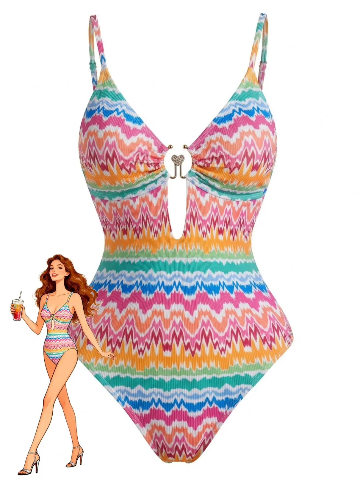 Multicolor 1950s Chevron Print Heart Ring One-Piece Swimsuit sold by Retro Stage