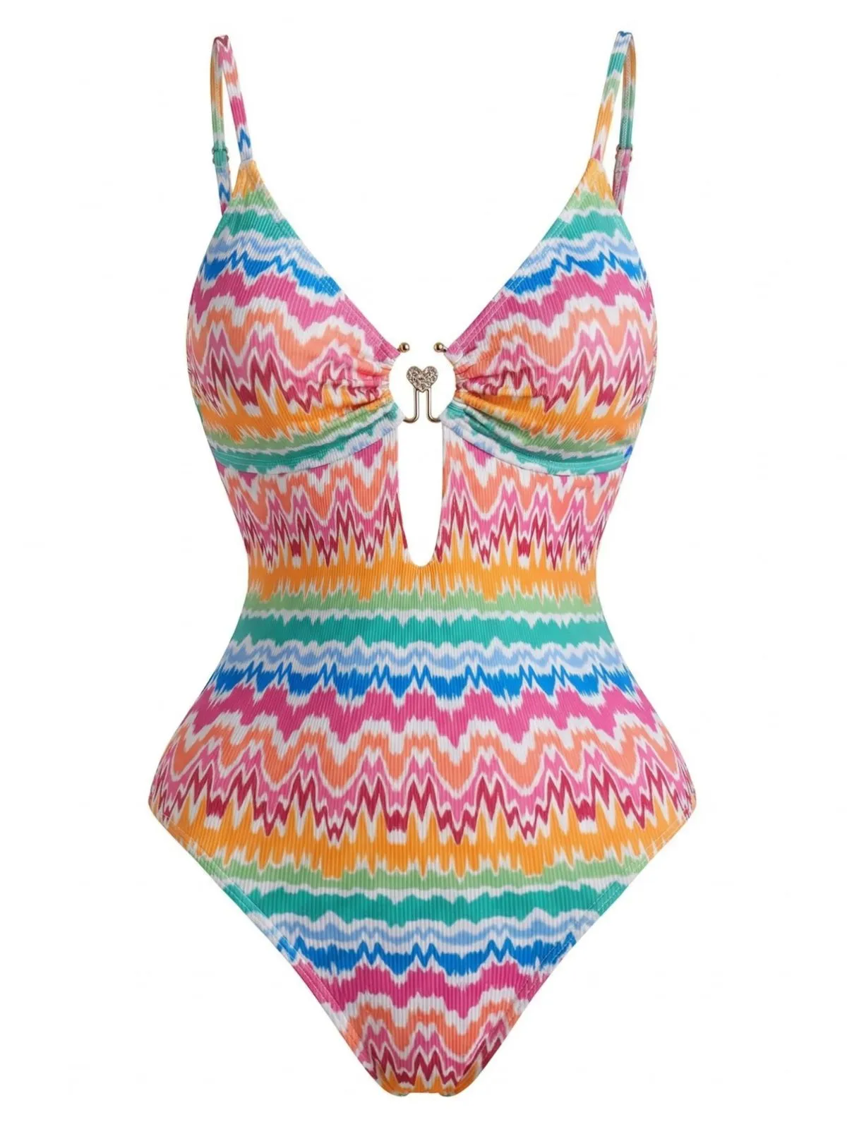 Multicolor 1950s Chevron Print Heart Ring One-Piece Swimsuit sold by Retro Stage product image thumbnail 2