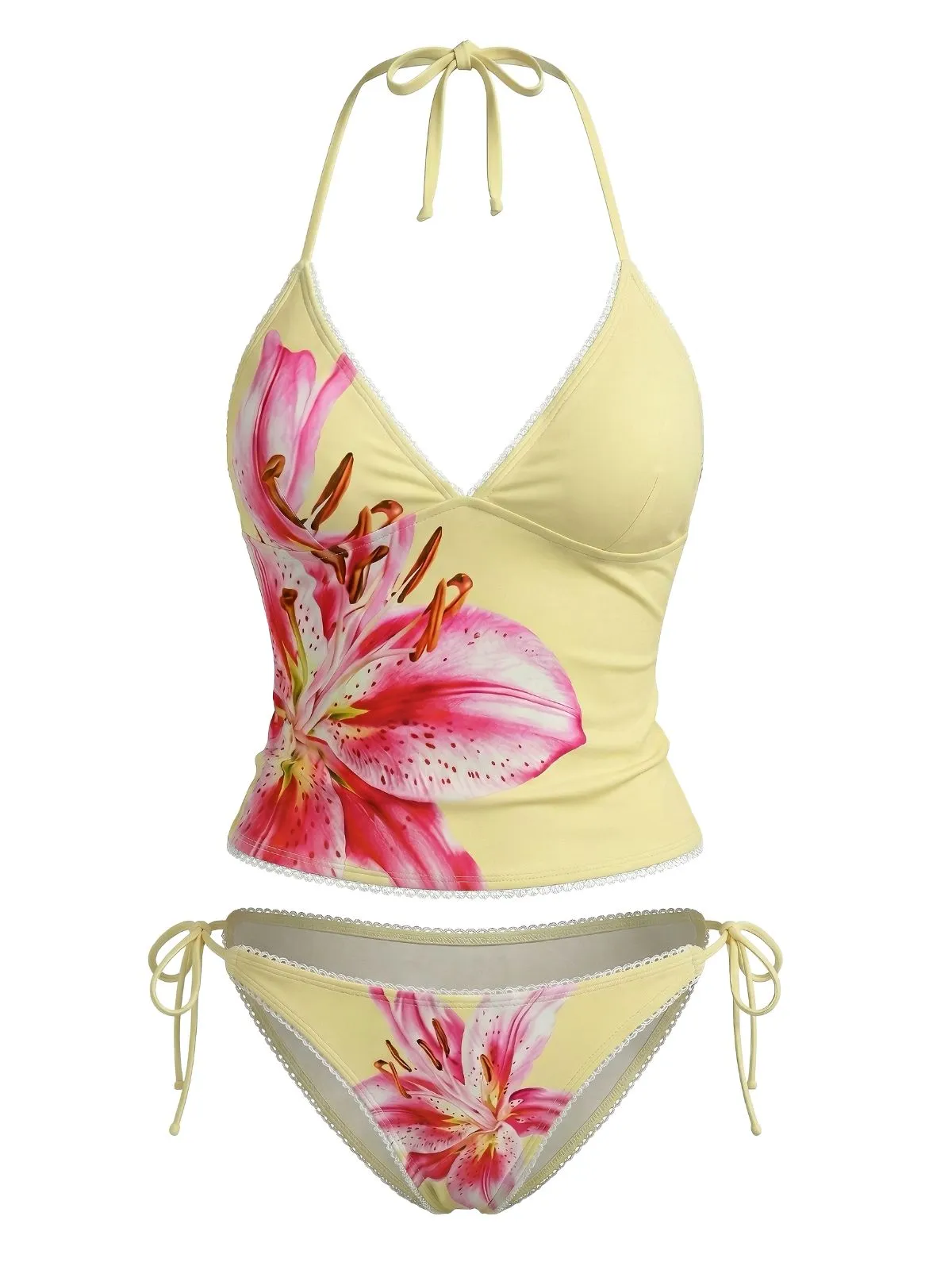 Yellow 1970s Floral Halter Lace-Up Swimsuit sold by Retro Stage product image thumbnail 2