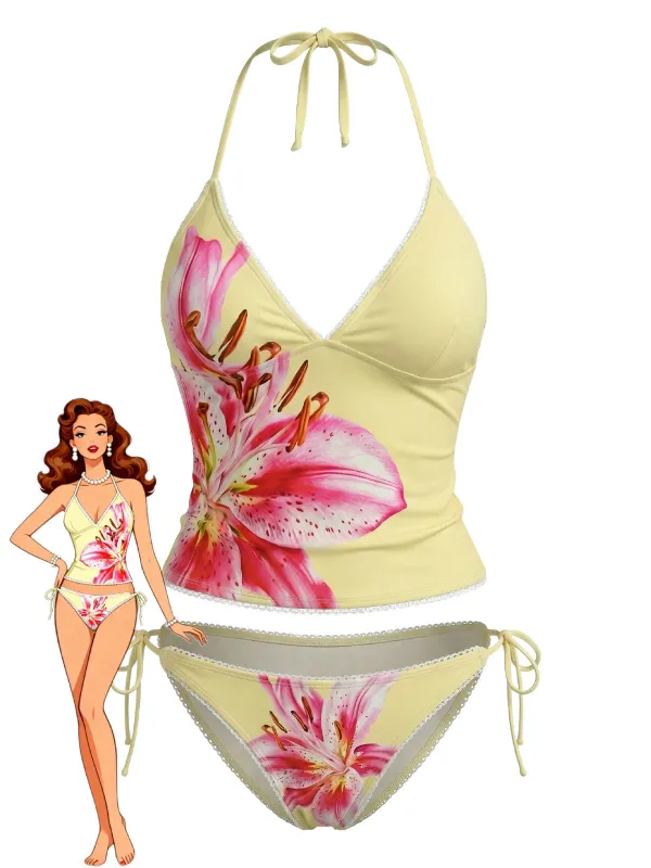 Yellow 1970s Floral Halter Lace-Up Swimsuit made by Retro Stage