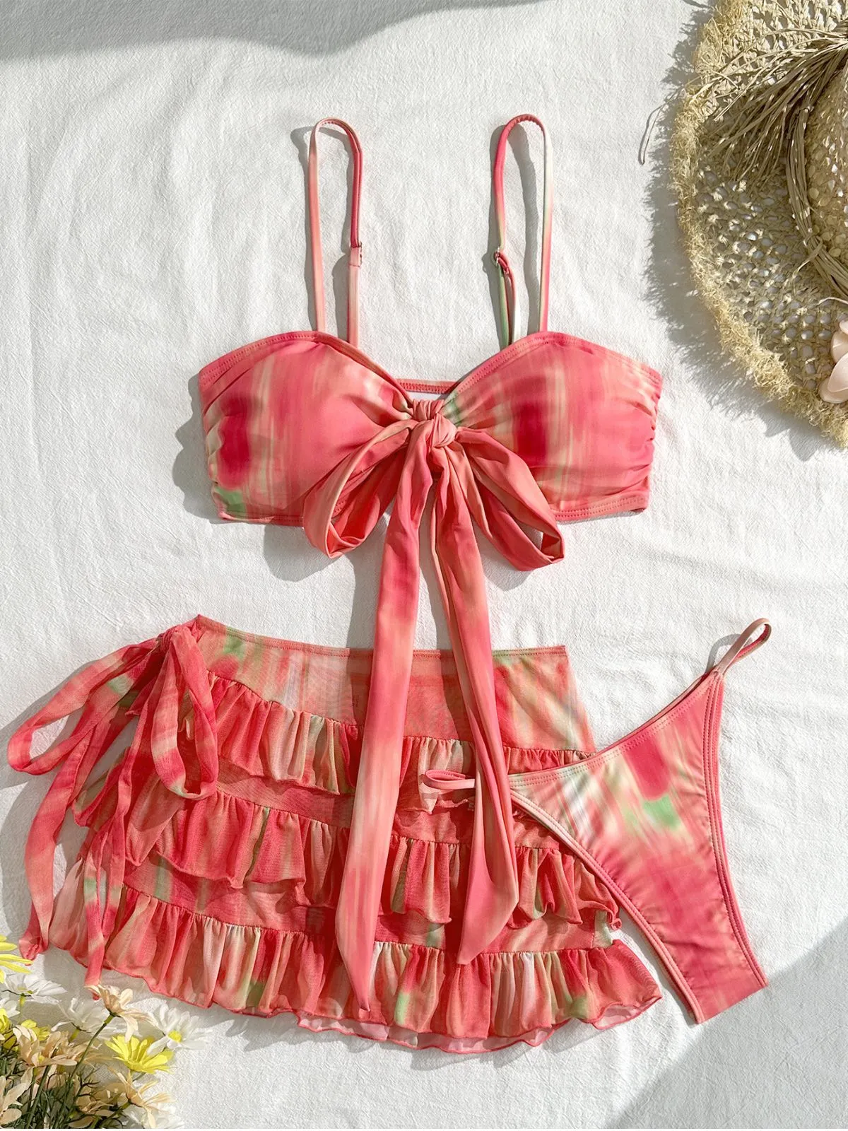 3PCS Watermelon Red 1960s Bikini Set & Tiered Ruffle Cover-up sold by Retro Stage product image thumbnail 3