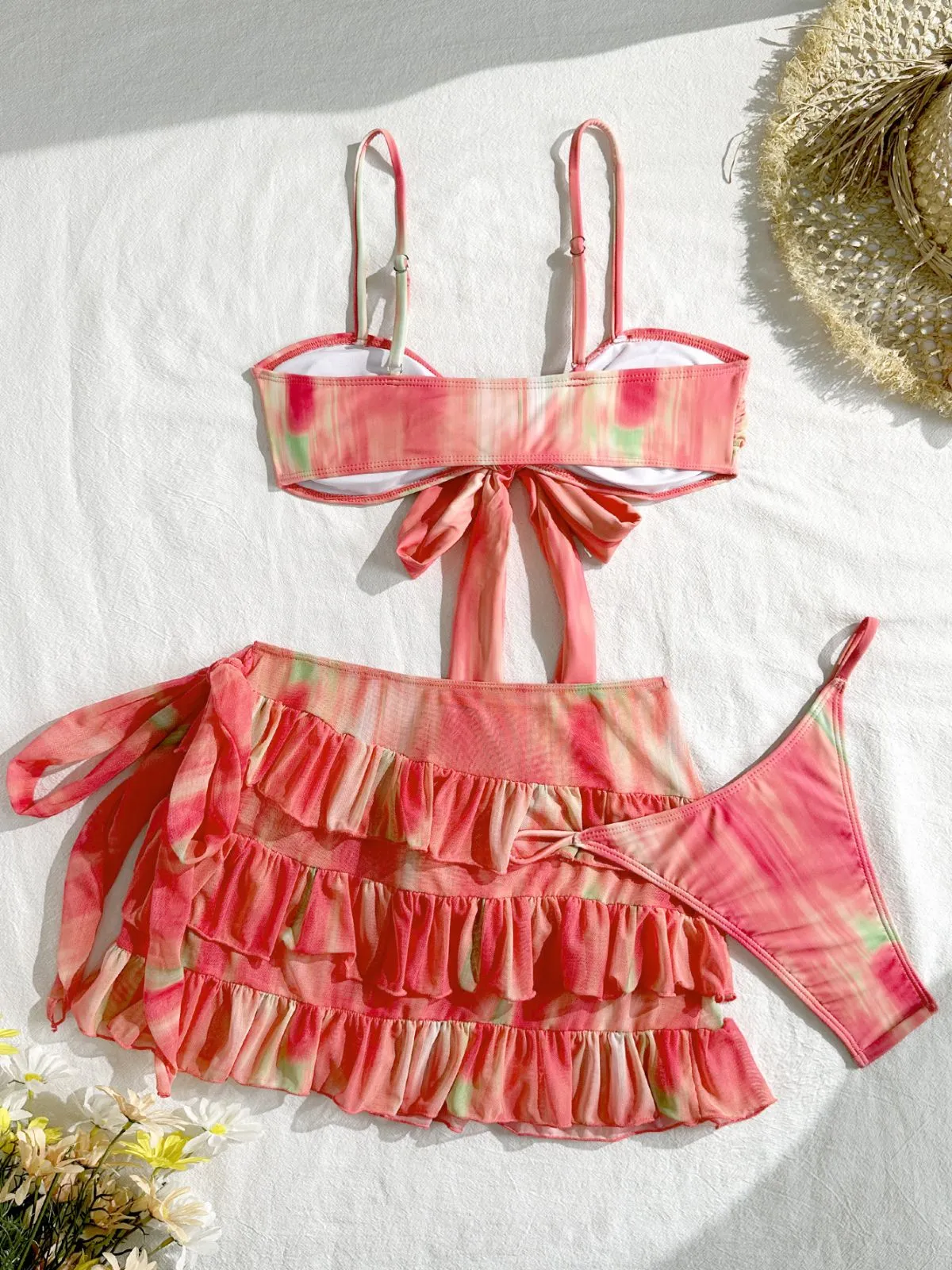 3PCS Watermelon Red 1960s Bikini Set & Tiered Ruffle Cover-up sold by Retro Stage product image thumbnail 4