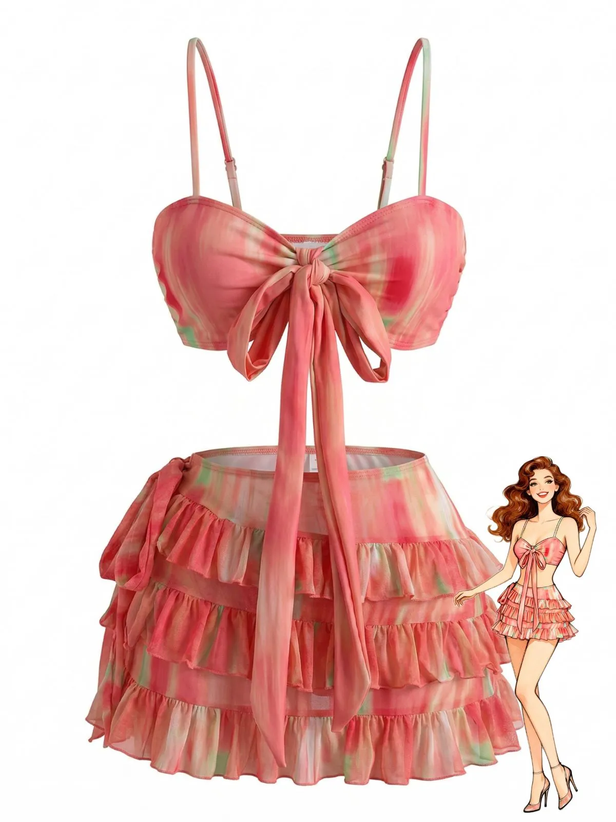3PCS Watermelon Red 1960s Bikini Set & Tiered Ruffle Cover-up sold by Retro Stage
