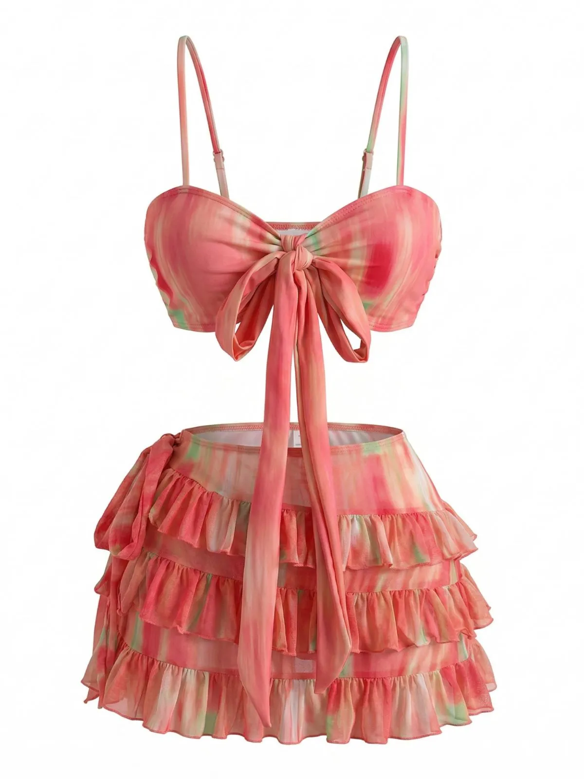 3PCS Watermelon Red 1960s Bikini Set & Tiered Ruffle Cover-up sold by Retro Stage product image thumbnail 2
