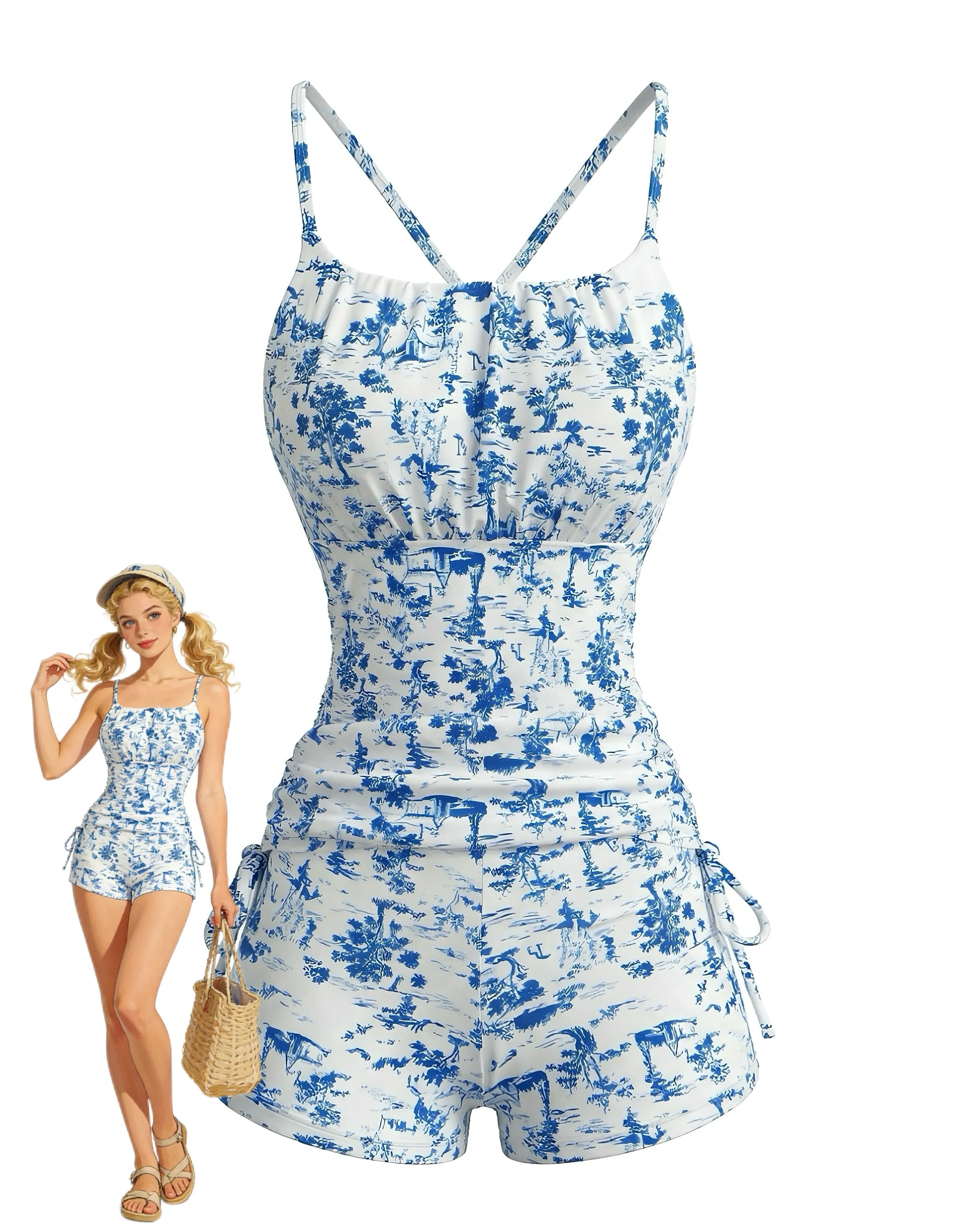 2PCS Blue 1950s Floral Pleated Tankini & High-Waist Shorts sold by Retro Stage