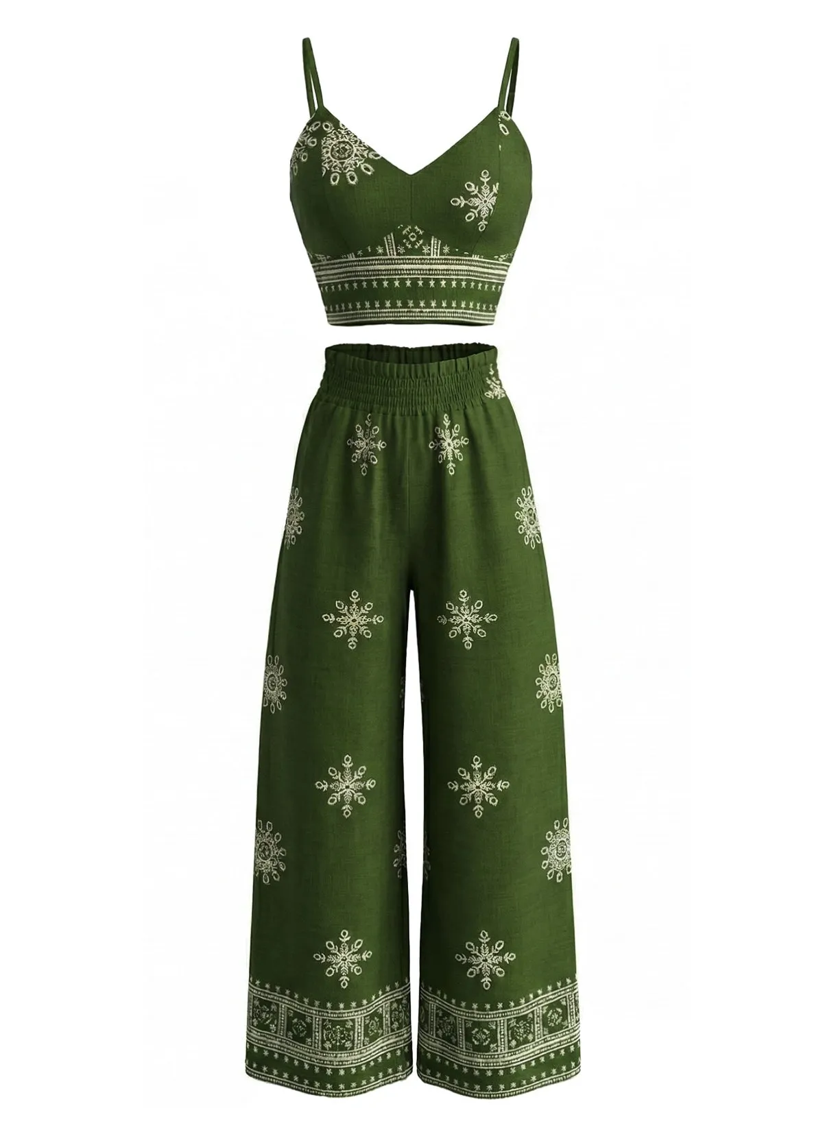 2PCS Green 1970s Floral Print Spaghetti Strap Top & Pants sold by Retro Stage product image thumbnail 2