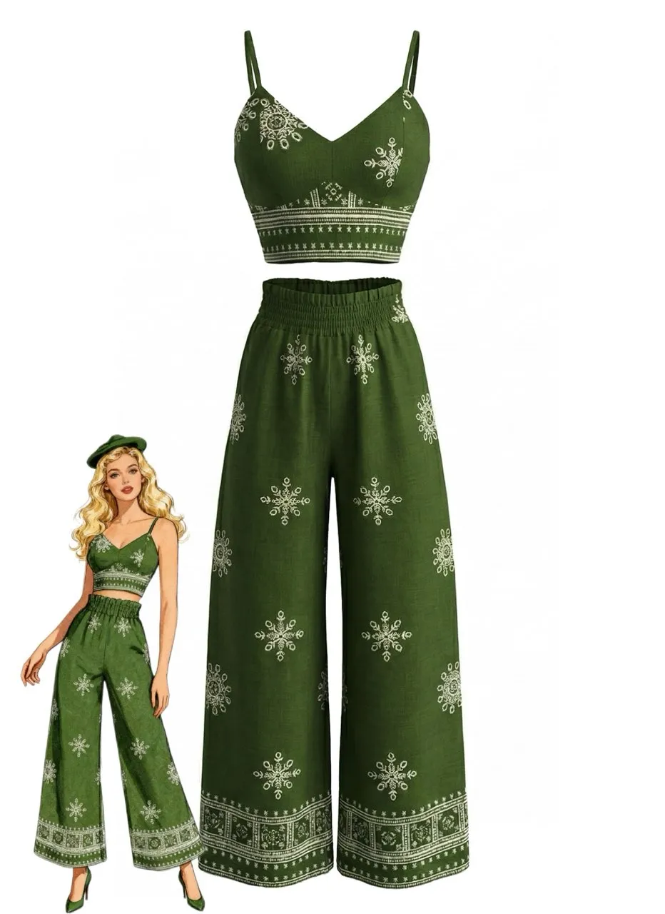 2PCS Green 1970s Floral Print Spaghetti Strap Top & Pants sold by Retro Stage
