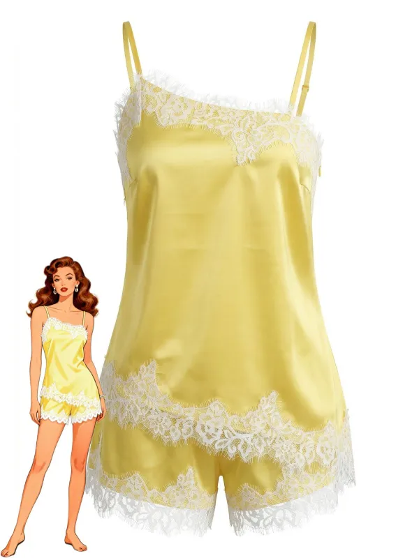2PCS Yellow 1950s Lace Spaghetti Strap Pajama Set made by Retro Stage