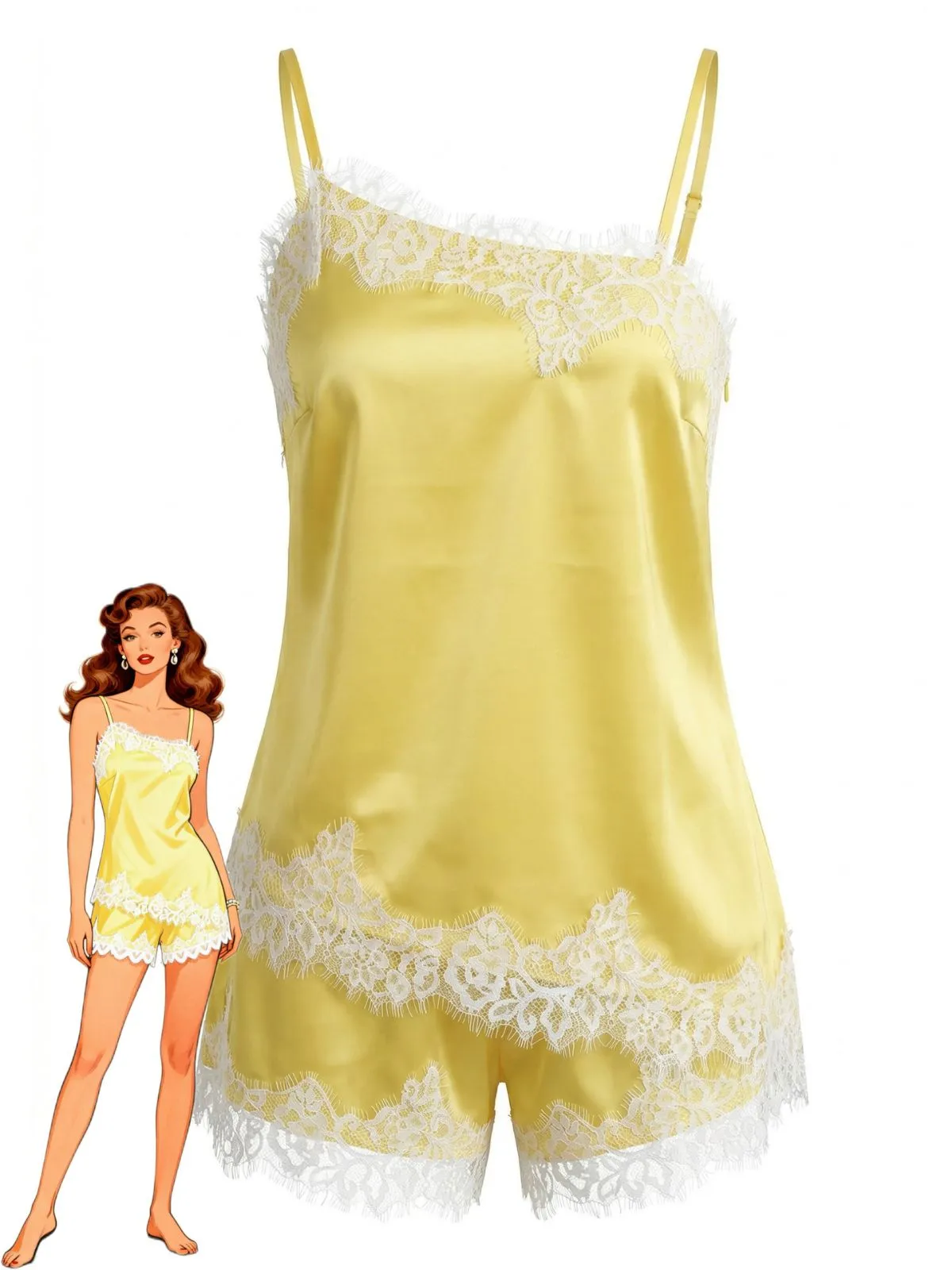 2PCS Yellow 1950s Lace Spaghetti Strap Pajama Set sold by Retro Stage