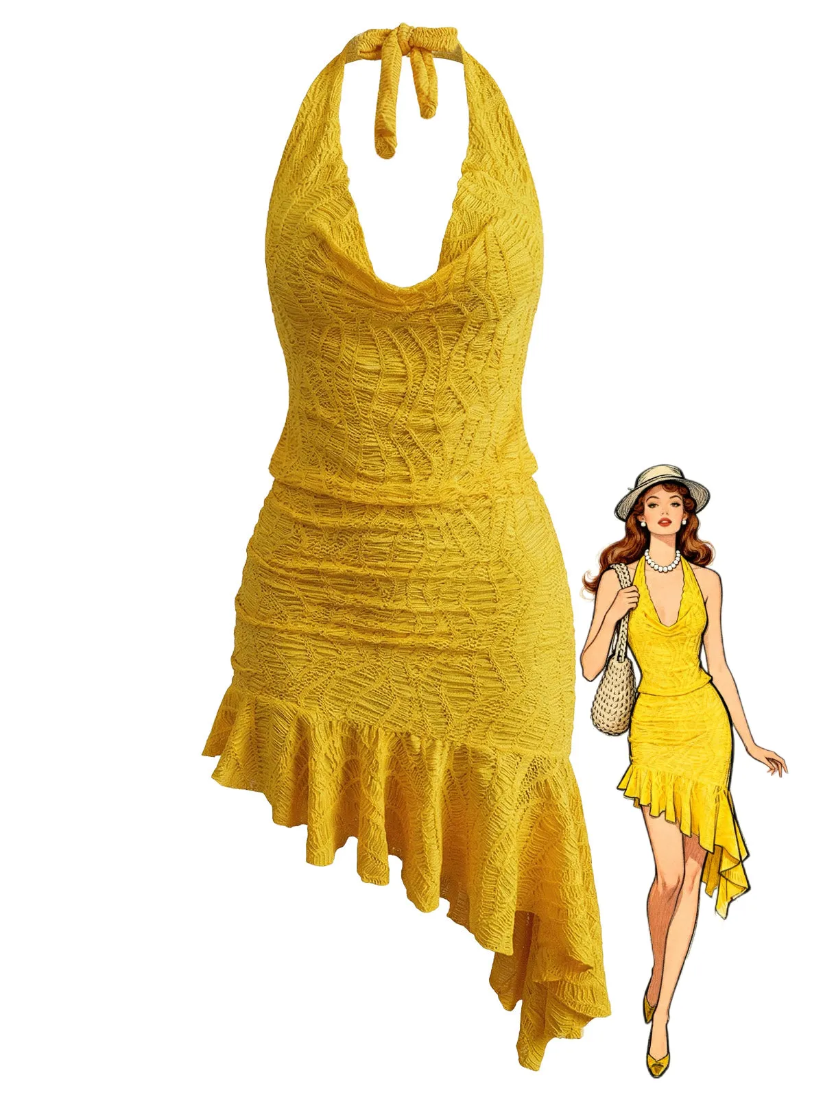 2PCS Yellow 1960s Halter Cowl Neck Textured Tankini Set sold by Retro Stage