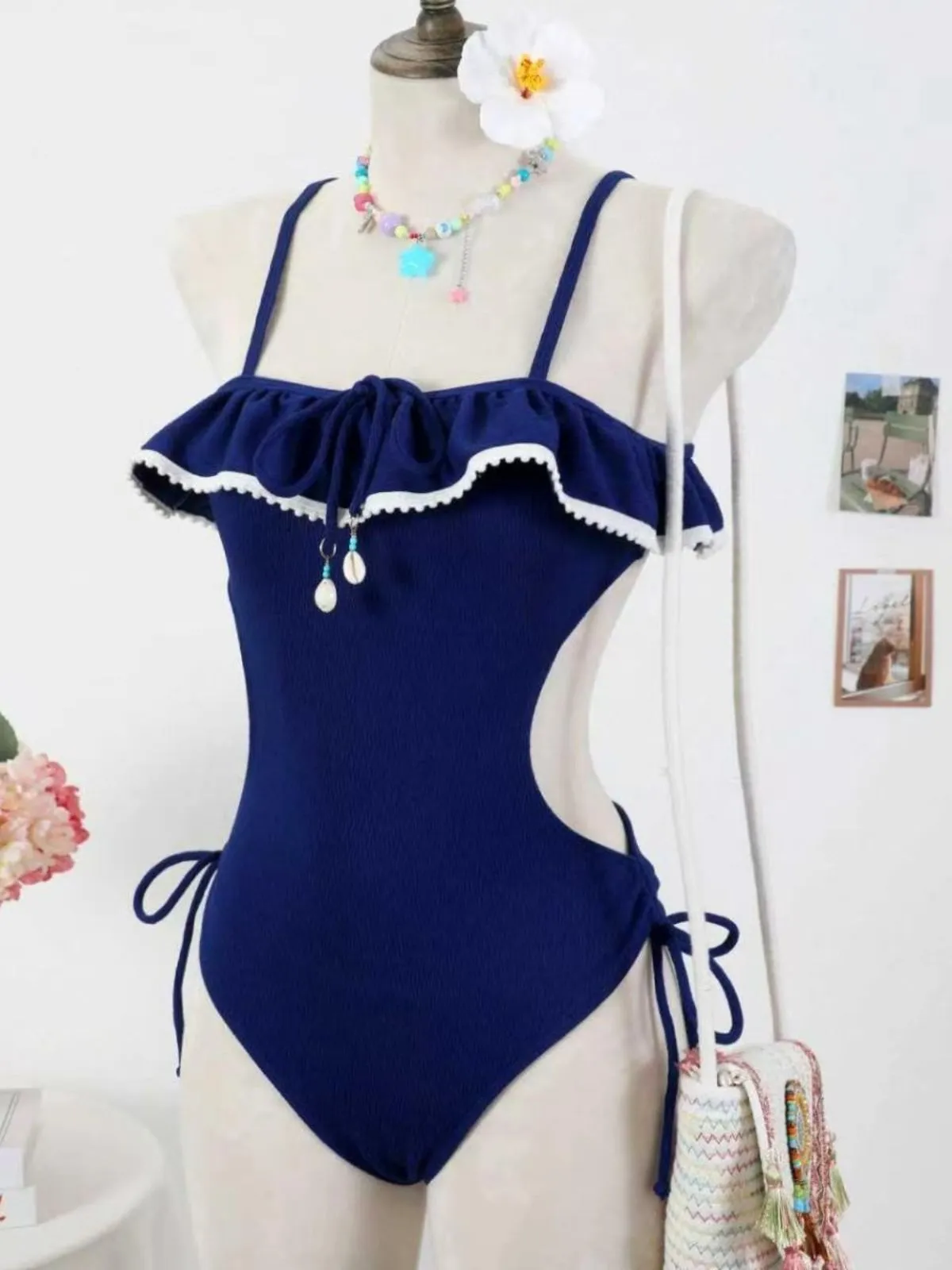 Blue 1940s Seashell Pendant Ruffle One-Piece Swimsuit sold by Retro Stage product image thumbnail 5