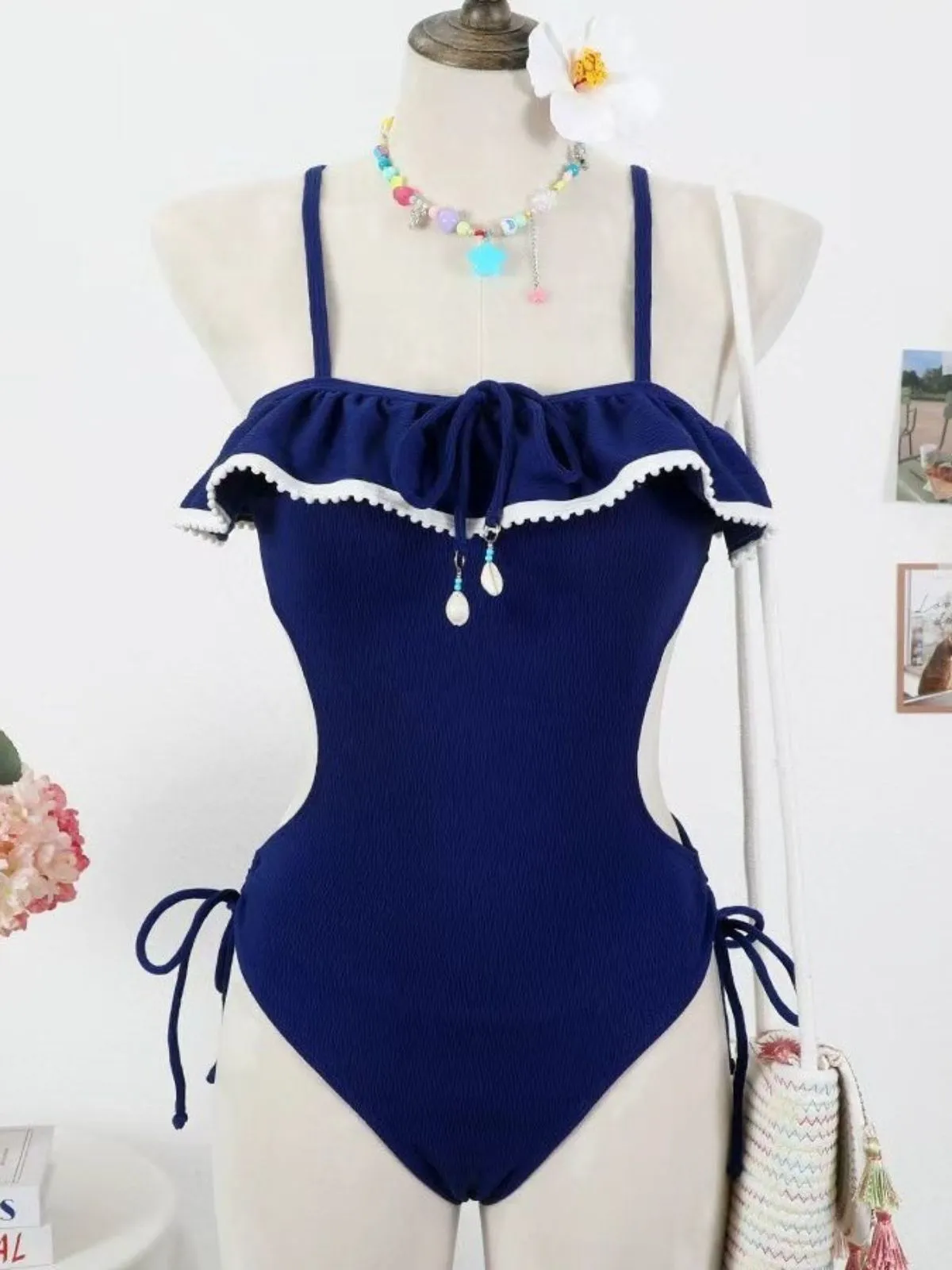 Blue 1940s Seashell Pendant Ruffle One-Piece Swimsuit sold by Retro Stage product image thumbnail 4