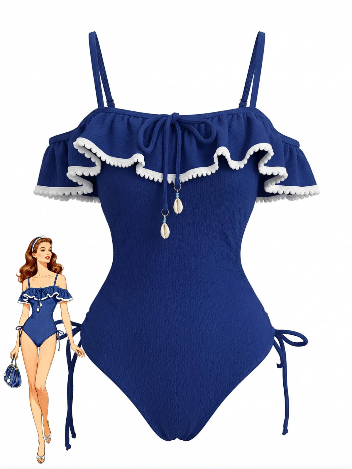 Blue 1940s Seashell Pendant Ruffle One-Piece Swimsuit sold by Retro Stage