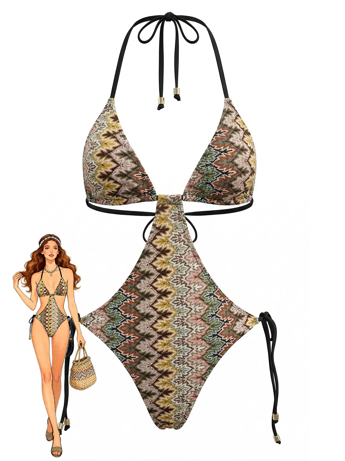 Brown 1970s Boho Chevron Print Ruched One-Piece Swimsuit sold by Retro Stage