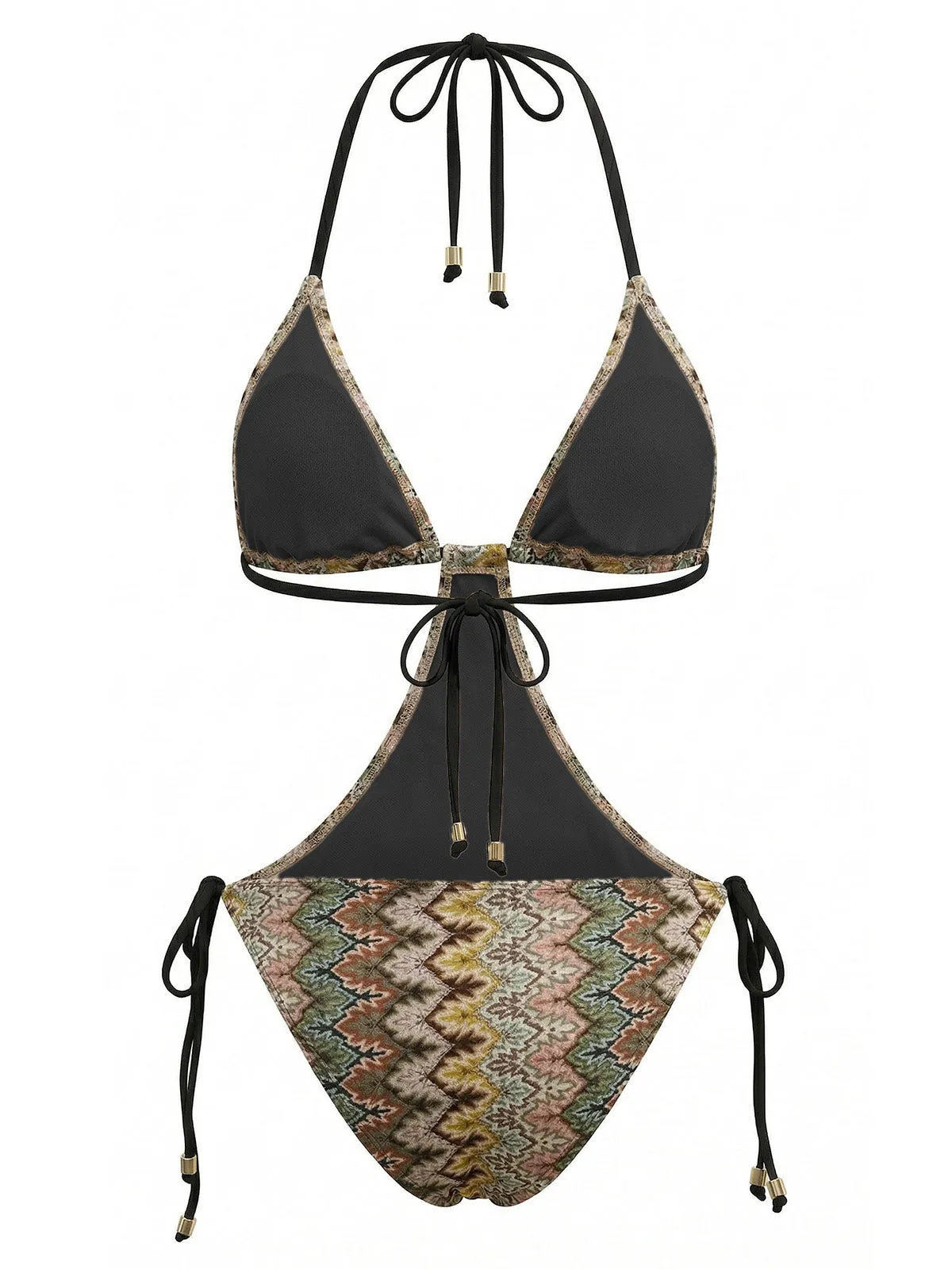 Brown 1970s Boho Chevron Print Ruched One-Piece Swimsuit sold by Retro Stage product image thumbnail 3