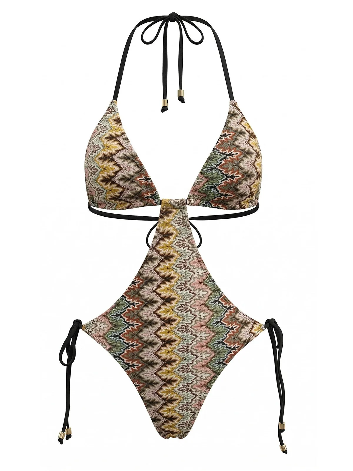 Brown 1970s Boho Chevron Print Ruched One-Piece Swimsuit sold by Retro Stage product image thumbnail 2